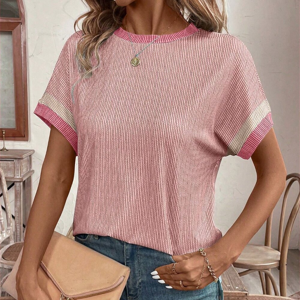 Pink Casual Women's Crew Neck Short Sleeve Striped Loose T-Shirt - Picture 6 of 7